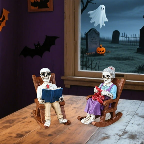 Halloween Skeleton Couple Figurines - Resin Rocking Chair Decor for Indoor Tabletop, Living Room, Spooky Humorous Halloween Decoration