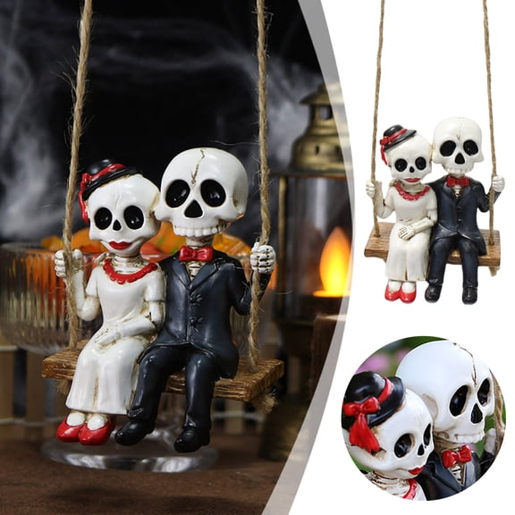 Halloween Skeleton Couple Statue Funny Rope Swing Decor with Cute Skull Figurines,Resin Hanging Ornaments for Garden,Yard,Porch Home Spooky Outdoor Halloween Decorations Party Decorative Sculpture