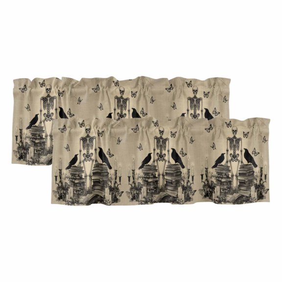 Halloween Skeleton Curtain Valances for Windows, Kitchen Valance Window Treatments Panel 2 Pack, Butterfly Crow Retro Horror Skull Rod Pocket Short Curtains for Bathroom Bedroom 42 x 12 Inch