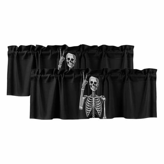 Halloween Skeleton Curtain Valances for Windows, Kitchen Valance Window Treatments Panel 2 Pack, Retro Funny Skull Abstract Black Rod Pocket Short Curtains for Bathroom Bedroom 42 x 18 Inch