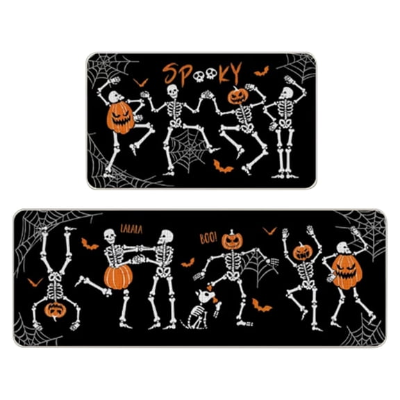 Halloween Skeleton Dance Floor Mats Set Non Slip Spooky Pumpkin Web Design Rugs for Kitchen Entryway Indoor Decor