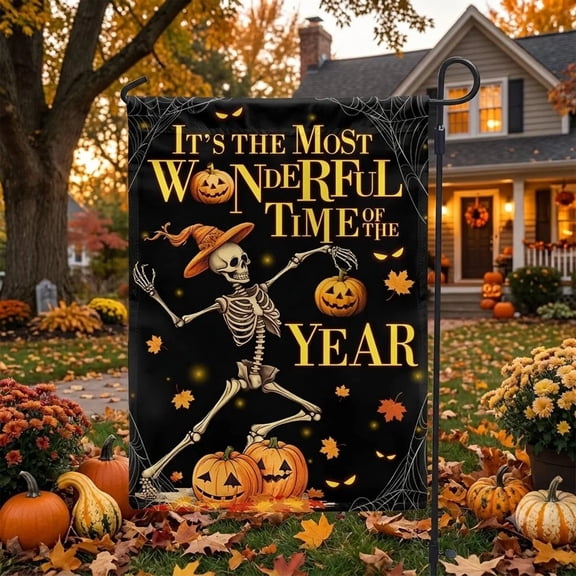 Halloween Skeleton Dancing Pumpkins It's The Most Wonderful Time Of The Year Flag