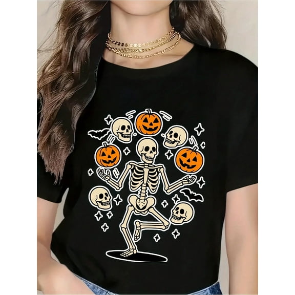 Halloween Skeleton Dancing T-Shirt With Pumpkins And Skulls - Funny Spooky Costume Tee For Women, Halloween Party Outfit, Autumn Festival Gift, Cute Horror Design White