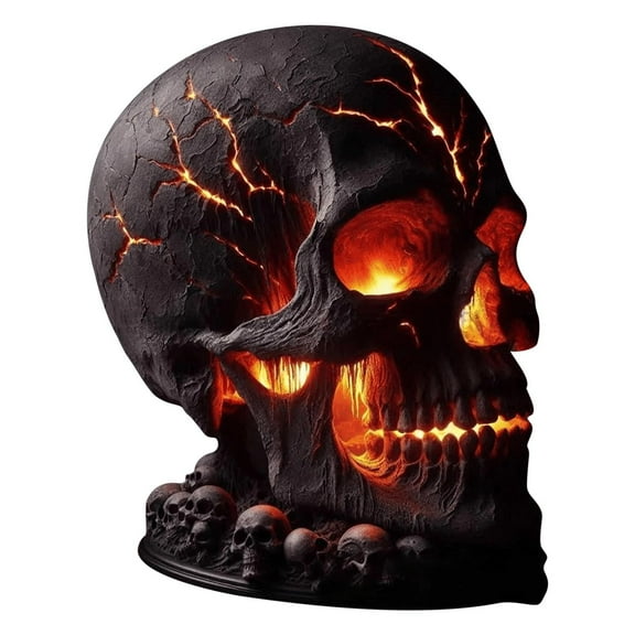 Halloween Skeleton Decor, Burning Skull Head Statues with LED Lights, Halloween Decorations Aesthetic Desk Lamp, Lighted Scary Resin Skull Figurines for Party Home Decor
