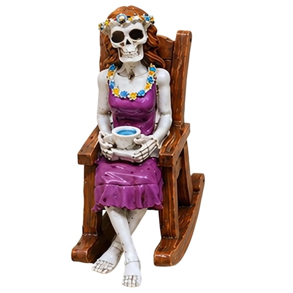 Halloween Skeleton Decor, Female Skeleton in Rocking Chair with Coffee Cup, 1 Piece Resin Figurine, Halloween Day of The Dead Holiday Decor for Home Porch Party Haunted House