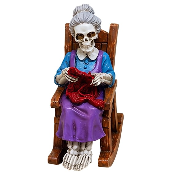 Halloween Skeleton Decor, Grandma Skeleton in Rocking Chair Knitting, 1 Piece Resin Figurine Statue, Spooky Holiday Decoration for Halloween Party Haunted House Porch Mantel Indoor Home Display