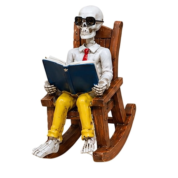 Halloween Skeleton Decor, Reading Skeleton on Rocking Chair, 1pc Resin Figurine, Spooky Holiday Decor for Porch Living Room Tabletop Halloween Party Haunted House Display