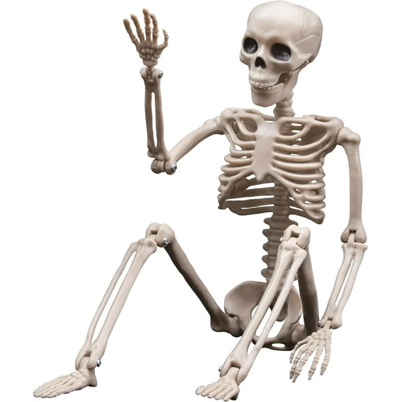 Halloween Skeleton Decoration, 15.7 Inch Mini Skeleton with Movable Joints, Indoor Outdoor Plastic Hanging Prop for Haunted House, Graveyard, and Party Decor