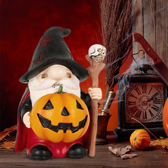 Halloween Skeleton Decoration,Halloween Gnome With Skull Staff Decoration, Spooky Dwarf Skeleton Scepter Figurine, Halloween party skeleton decor