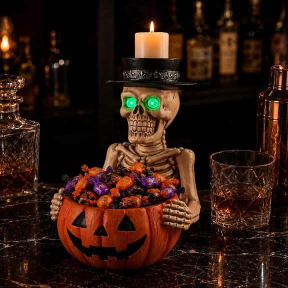 Halloween Skeleton Decoration with LED Green Eyes, Resin Skeleton Figurine with Pumpkin Candy Bowl & Top Hat Candle Holder, Gothic Tabletop Decor for Party