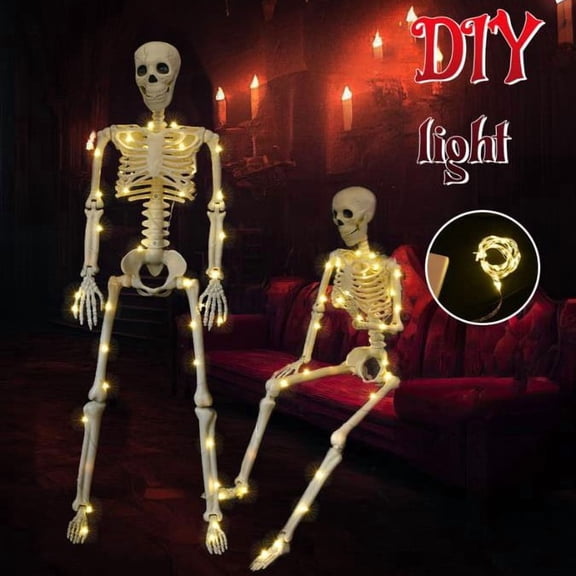 Halloween Skeleton Decoration with LED String Lights 35 Inch Posable Skeleton Prop Movable Joint Bone Figure for Indoor Outdoor Haunted House Yard Party Display