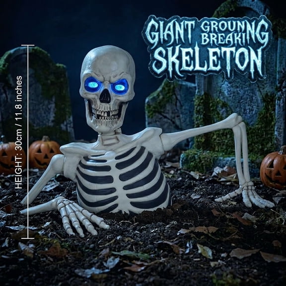 Halloween Skeleton Decoration, Outdoor Yard Ground Breaking Skeleton Prop with LCD Animated Eyes and Adjustable Arms, Spooky Decor for Lawn Porch Patio