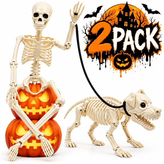 Halloween Skeleton Decoration Posable Fake Skeleton with Dog Spooky Animal Skeleton for Party Props Outdoor Porch Décor Accessories 2.95ft 2-Pack