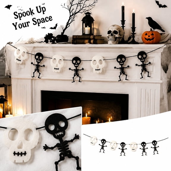 Halloween Skeleton Decorations Black and White 7X6 in Hanging Garland with Alternating Skull Heads and Bone Silhouettes, Indoor Outdoor Wall Party Props for Home Mantle Porch