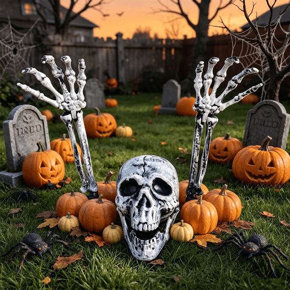 Halloween Skeleton Decorations Outdoor Skull Head and 2 Arm Stakes with Ground Stakes Plastic Creepy Scary Prop for Lawn Garden Yard Haunted House