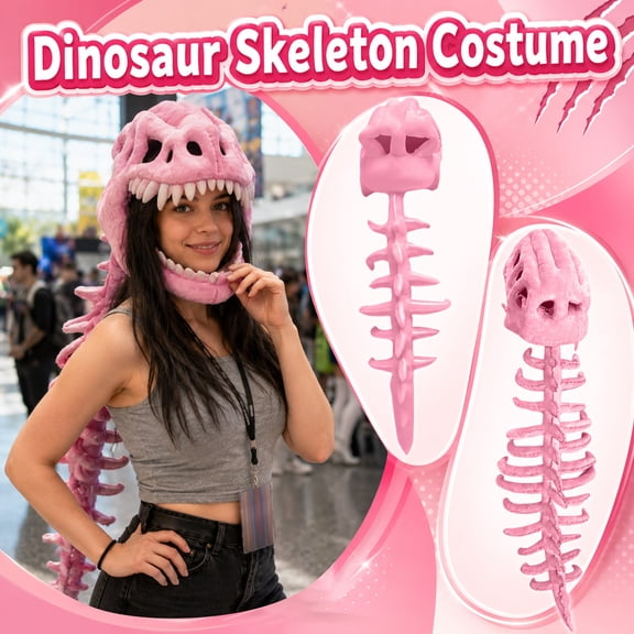 Halloween Skeleton Decorations, Pink Halloween Decorations, Pink Skeleton, Small Skeleton, Skeleton Bones, 46 Inch Dinosaur Skeleton Head Hat, Halloween Accessory for Student and