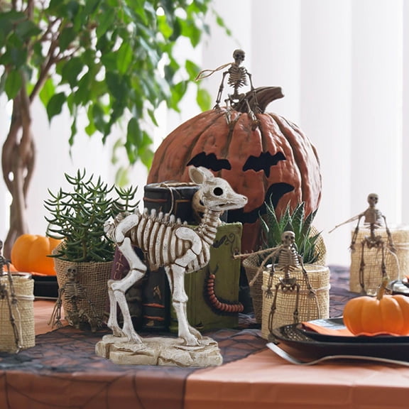 Halloween Skeleton Deer Figurine Resin Animal Skull Ornament Gothic Tabletop Decoration for Shelf Mantel Halloween Home Decor Holiday Display Rustic Horror Centerpiece Accent