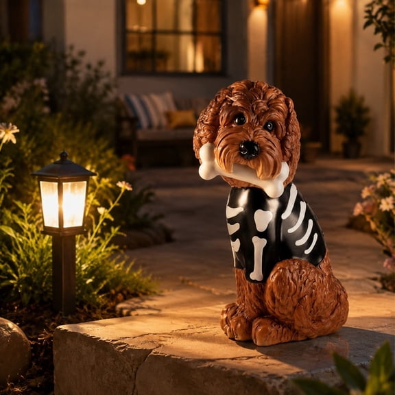 Halloween Skeleton Dog Resin Statue with Bone – Cute Brown Doodle Puppy Figurine, Spooky Holiday Porch & Garden Decor for Dog Lovers