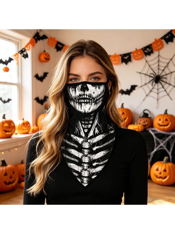 Halloween Skeleton Face Mask Windproof Sun Protection Neck Gaiter with Ear Loops for Motorcycle Cycling Outdoor Sports