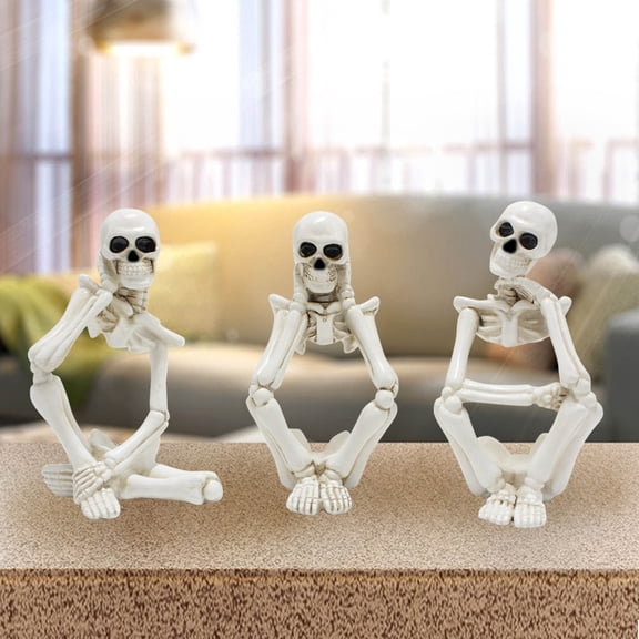 Halloween Skeleton Figurines 3-Piece Set Resin Sitting Skull Statues with Crossed Legs and Poseable Arms for Spooky Tabletop Shelf Mantel Home Decor