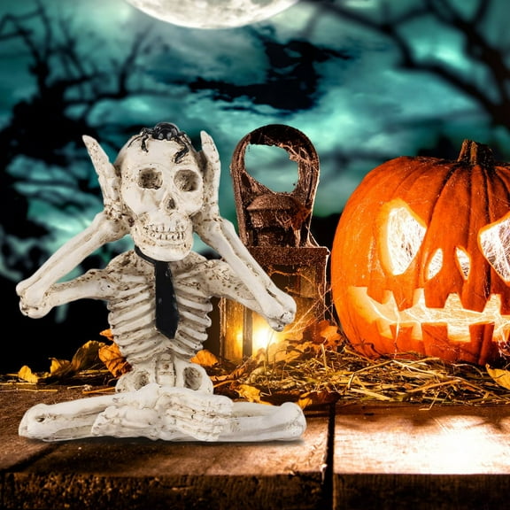 Halloween Skeleton Figurines Set of 3 - Hear No Evil See No Evil Speak No Evil, Resin Collectible Statues, Shelf Sitters for Home Decor, Gothic Halloween Party Decoration