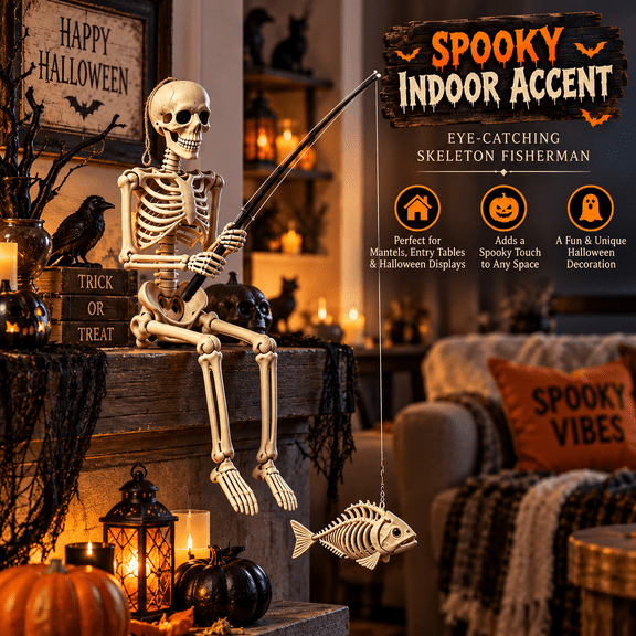Halloween Skeleton Fisherman Decor Ornament, Spooky Resin Figurine Statue, Creative Holiday Prop for Garden Yard Porch Tabletop Halloween Party Scene Layout