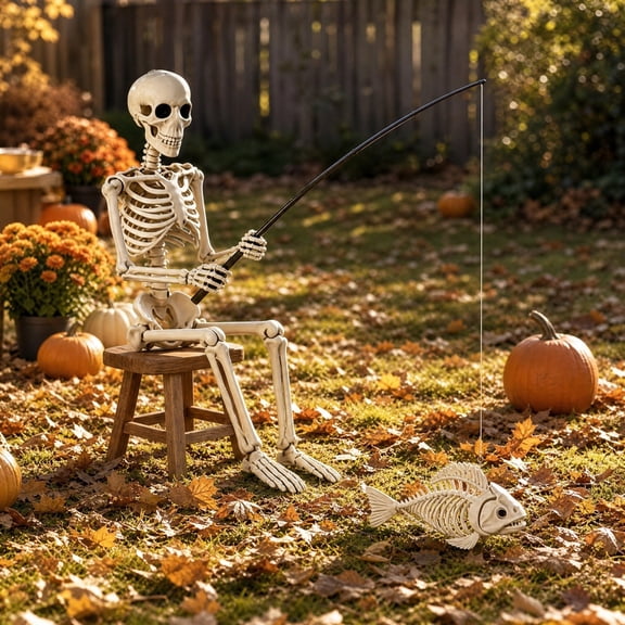 Halloween Skeleton Fisherman Decoration with Fishing Rod and Fish Skeleton