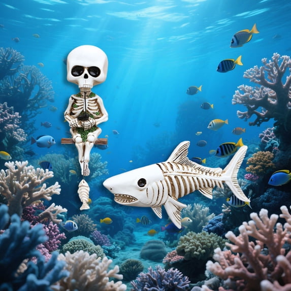 Halloween Skeleton Fishing Set Decorations Outdoor Halloween Resin Skull Statue Decor,Unique Gothic Ornament for Garden Home Wall Decoration Fish Tank Aquascape Decoration