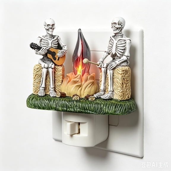 Halloween Skeleton Flame Light, Flickering Fire Effect Skull Night Lamp Battery Powered Spooky Holiday Decor, Safe Reusable Atmosphere Lighting for Party Porch Tabletop
