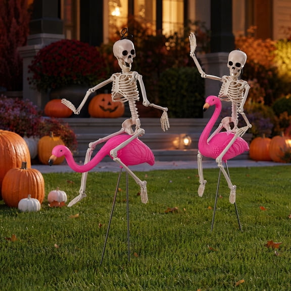 Halloween Skeleton Flamingo Decoration, Pink Bird Skeleton Yard Art with Posable Legs, Spooky Outdoor Lawn Ornament for Yard Garden