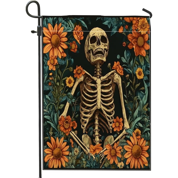 Halloween Skeleton Flower Hippie Scary Skull Garden Flag 12 x 18 Inch Linen Outdoor Decor