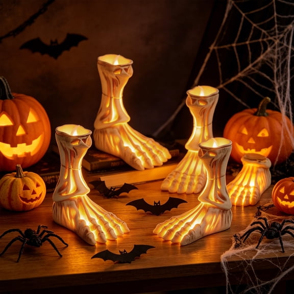 Halloween Skeleton Foot LED Candle Light 3.54 Inch Gothic Ornament for Desk Shelf Mantel Halloween Party Home Indoor Decor