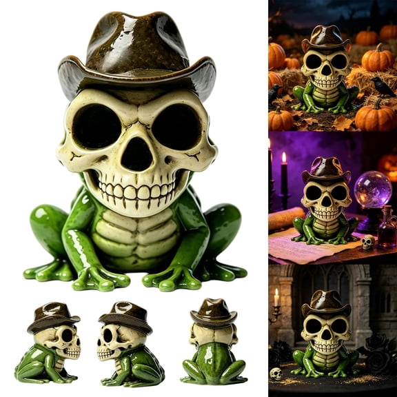 Halloween SkeletonFrog Resin Figurine With Cowboy Hat, Spooky Small Desktop Statue Ornament For Balcony Patio Yard Porch Seasonal Home Decor,3.943.273.15 in