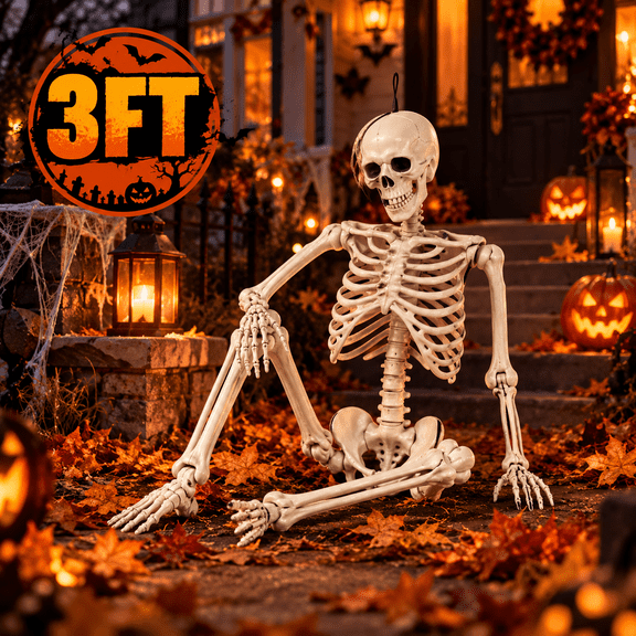 Halloween Skeleton Decorations, 3FT Posable Full Body Skeleton with Movable Joints, Hanging Skeleton Prop for Halloween Party Porch Haunted House Decor, 1 Pack