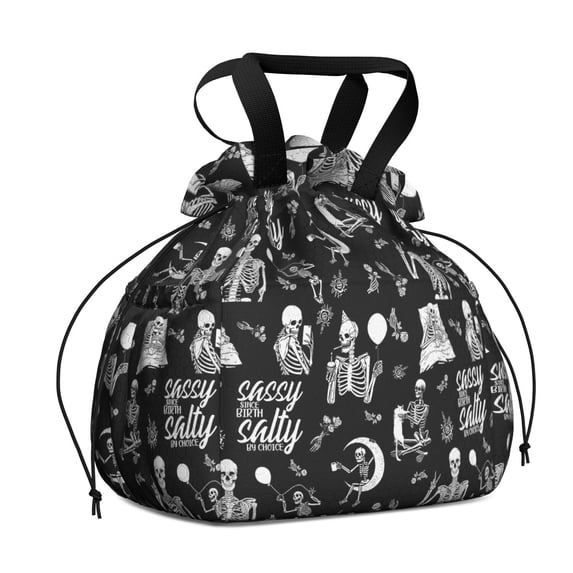 Halloween Skeleton Fun Pattern Drawstring Lunch Bag Women - Drawstring Lunch Bag Insulated for Work Office - Stain-Resistant Large Lunchbags for Women with Multi-Pockets