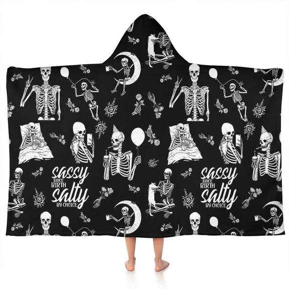 Halloween Skeleton Fun Pattern Hooded Bath Towel，50"x30" for Ages 3 To 12 Kids, Quick Dry Lightweight Soft Microfiber Hood Beach Towel Cover Up for Kids