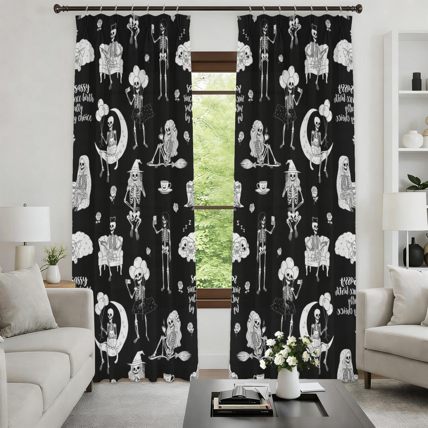 Fun Pattern Outfits Halloween Skeleton Fun Pattern Pinch Pleat Semi Sheer Linen Curtains ...