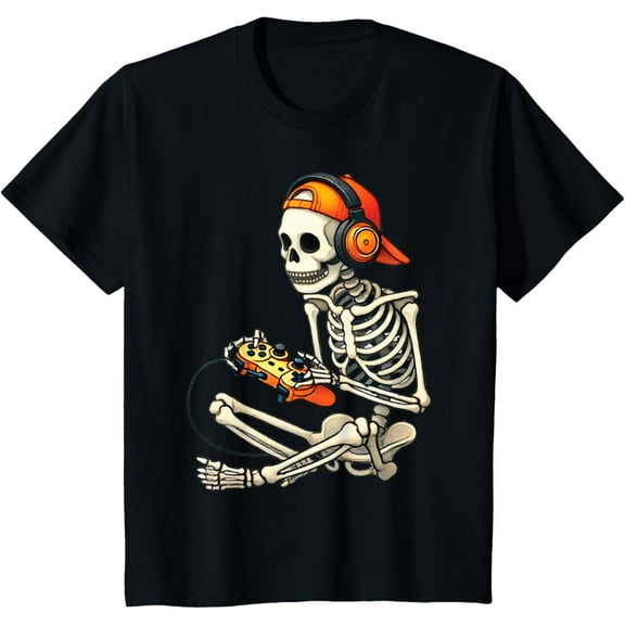 Halloween Skeleton Gamer Video Gaming Boys Men Kids Tees T-Shirt