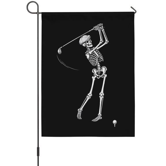 Halloween Skeleton Garden Flags For Outdoor, Funny Skull Golfer Flat Cap Dark Humor Black Small Double Side Yard Flags Weather Proof Garden Decor for Lawn Outside Holiday 12 x 18 Inches