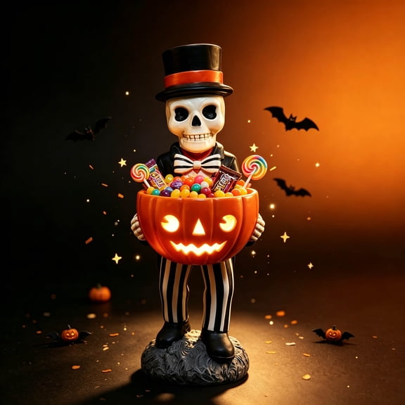 Halloween Skeleton Gentleman Candy Bowl Holder, Resin Jack O Lantern Pumpkin Treat Bowl, Vintage Skull Figurine Decor for Front Door Table Halloween Party Decorations