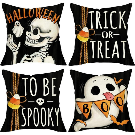Halloween Skeleton Ghost Boo Decorative Throw Pillow Covers 16 x 16 Set of 4, Trick or Treat to be Spooky Skull Fall Porch Outdoor Home Decor, Funny Autumn Holiday Black Couch Cushion Case