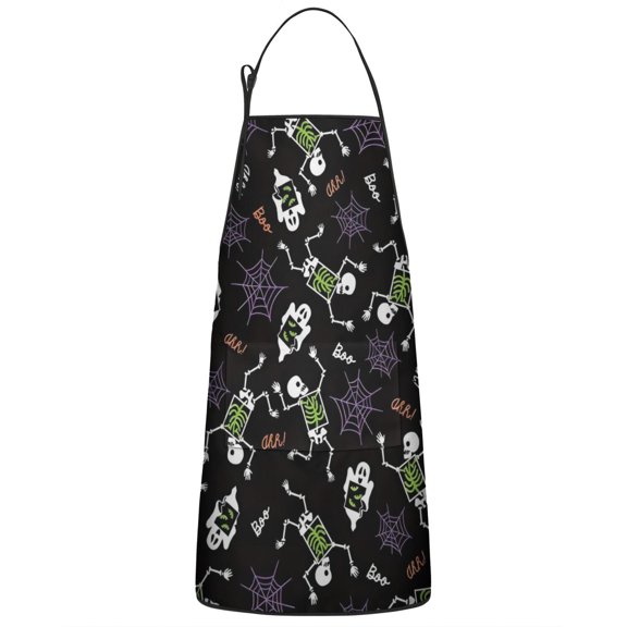 Halloween Skeleton Ghost Pattern Apron-Garden Aprons for Women with Pockets-Cotton Linen Waterproof Kitchen Cooking Gardening Aprons Adjustable for Kitchen,Cooking,BBQ and Salon 33"x27"