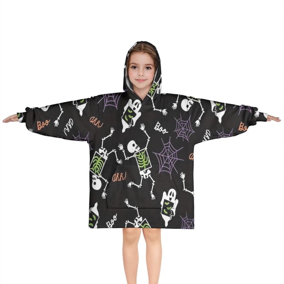Halloween Skeleton Ghost Pattern Blanket Hoodies for Kids 6-13YR Oversize Wearable Blanket Hoodies for Boys Girls Teens