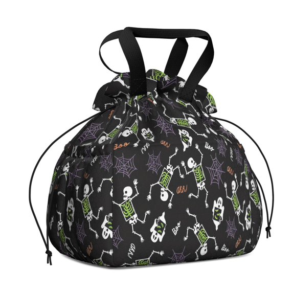 Halloween Skeleton Ghost Pattern Drawstring Lunch Bag Women - Drawstring Lunch Bag Insulated for Work Office - Stain-Resistant Large Lunchbags for Women with Multi-Pockets