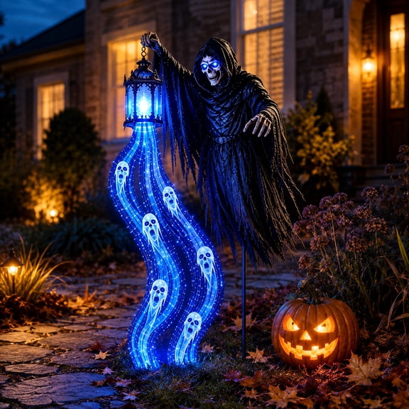 Halloween Skeleton Ghost Reaper Garden Light, 31.5" Creepy Ghost Holding Lantern Blue LED Garden Stake, Haunted House Party Decoration, Spooky Outdoor Halloween Decorations