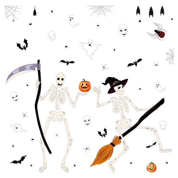 Halloween Skeleton Ghost Static Window Clings, Reusable Skull Bat Spider Pumpkin Window Stickers Glass Door Decor