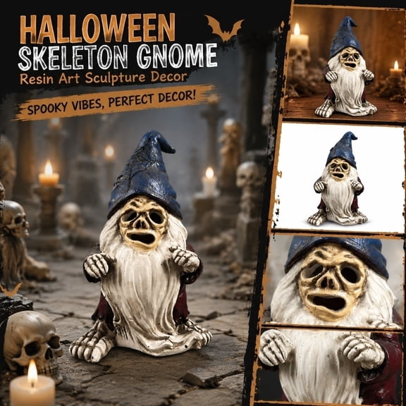 Halloween Skeleton Gnome Figurine, Spooky Resin Undead Gnome Statue, Creepy Fall Tabletop Decor for Haunted House&Halloween