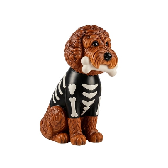 Halloween Skeleton Goldendoodle Dog Statue, Curly Brown Resin Poodle Figurine with Skeleton Outfit for Tabletop and Home Decor