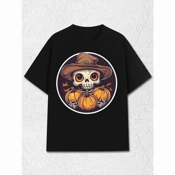 Halloween Skeleton Graphic Tee T Shirt Top Pumpkin Design Casual Soft Short Sleeve Crew Neck Black S-5XL