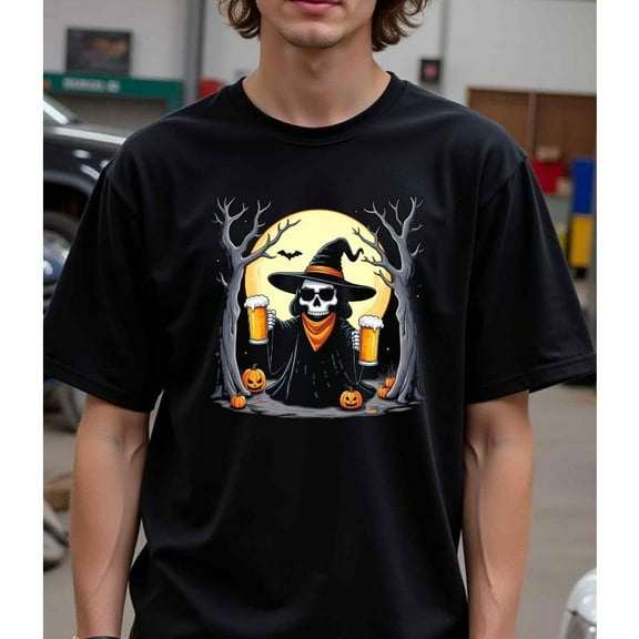 Halloween Skeleton Graphic Tee T Shirt Top Witch Bats Design Short Sleeve Round Neck Black S-5XL